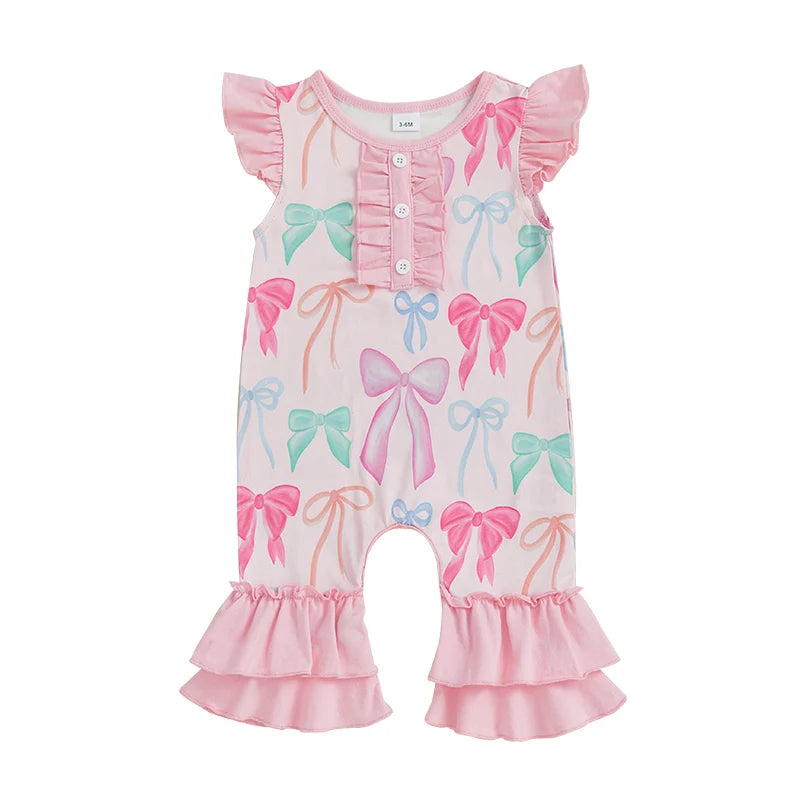 Baby Girls Jumpsuit Fly Sleeve Crew Neck Bow Print Summer Casual Romper Clothes