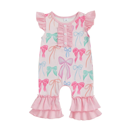 Baby Girls Jumpsuit Fly Sleeve Crew Neck Bow Print Summer Casual Romper Clothes