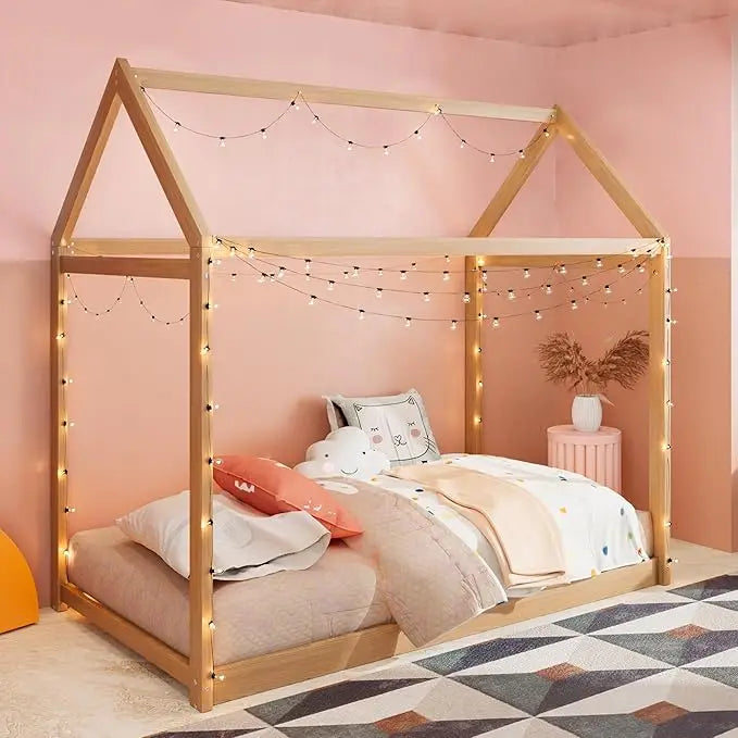 Wood House Bed, Floor Bed with Wood Slats, No Box Spring Needed