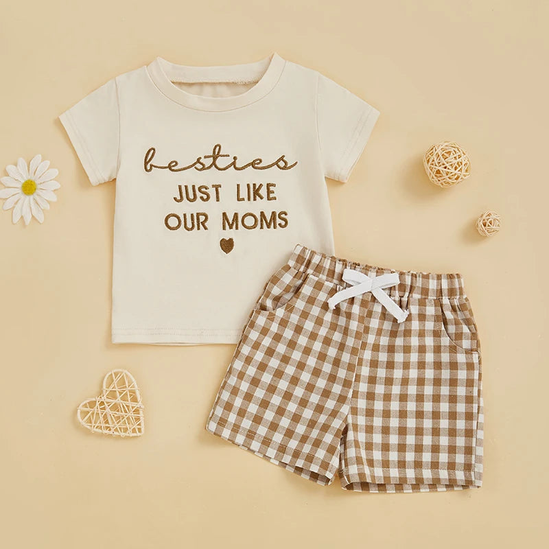 Kids Girls Summer 2 Piece Outfits Short Sleeve Letter Embroidery Tops Drawstring Plaid Shorts Sets