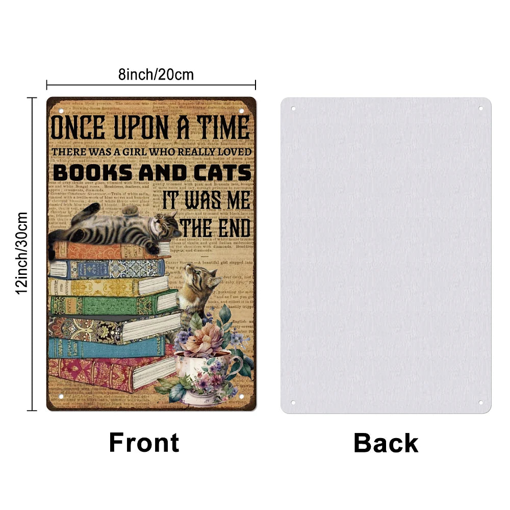 SUPERDNAT Cat Books Metal Tin Sign Vintage Girl's Room Bedroom Tin Painting Retro Plaque Wall Art Poster Old Fashion Aluminum