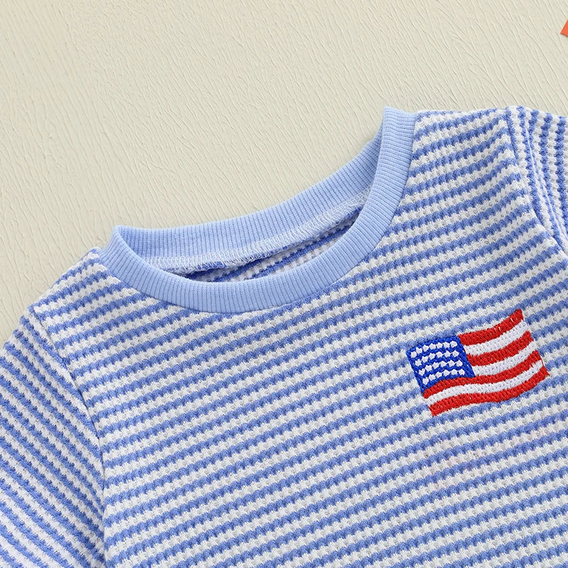 Infant Boys American Flag Romper Short Sleeve Jumpsuit with Patriotic Embroidery and Striped Print for Newborns - Adorable