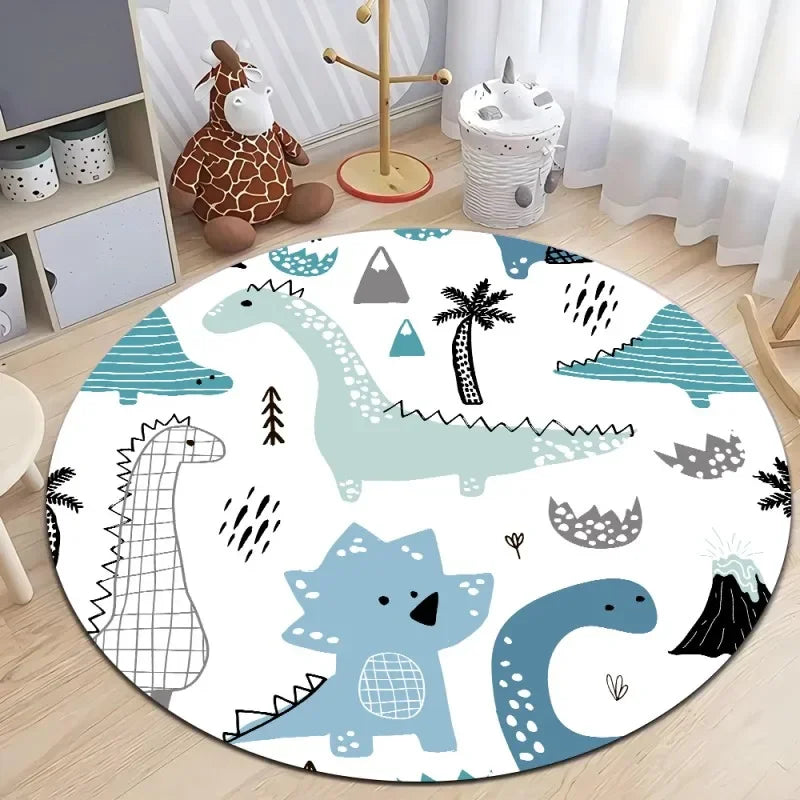 Cute Dinosaur Cartoon Round Rug, Soft Chenille Non-Slip Floor Mat for Kids Room