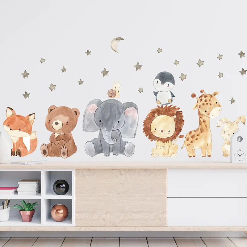 Cartoon Lovely Animals Wall Stickers For Kids Room Background Decor Wallpaper Baby Bedroom Home Decoration Self-adhesive Mural