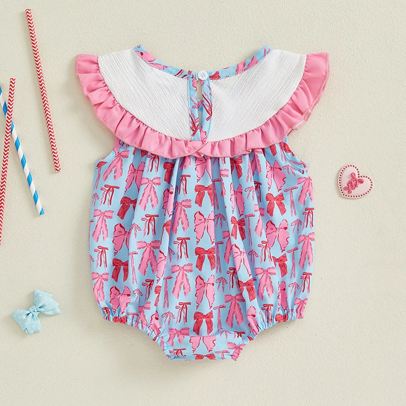 Adorable Infant American Flag Romper with Bow Detail and Flutter Sleeves for Baby Girl - Patriotic  for Newborns and