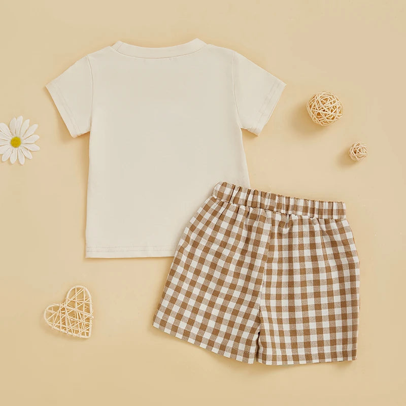 Kids Girls Summer 2 Piece Outfits Short Sleeve Letter Embroidery Tops Drawstring Plaid Shorts Sets