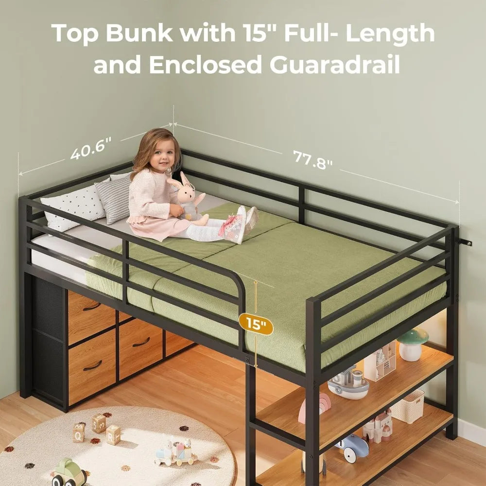 Low Loft Bed with 6 Storage Drawers, Twin Loft Bed with LED Lights