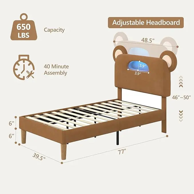 Twin Kids Upholstered Bed Frame with LED Cute Bear Ear Platform Bed