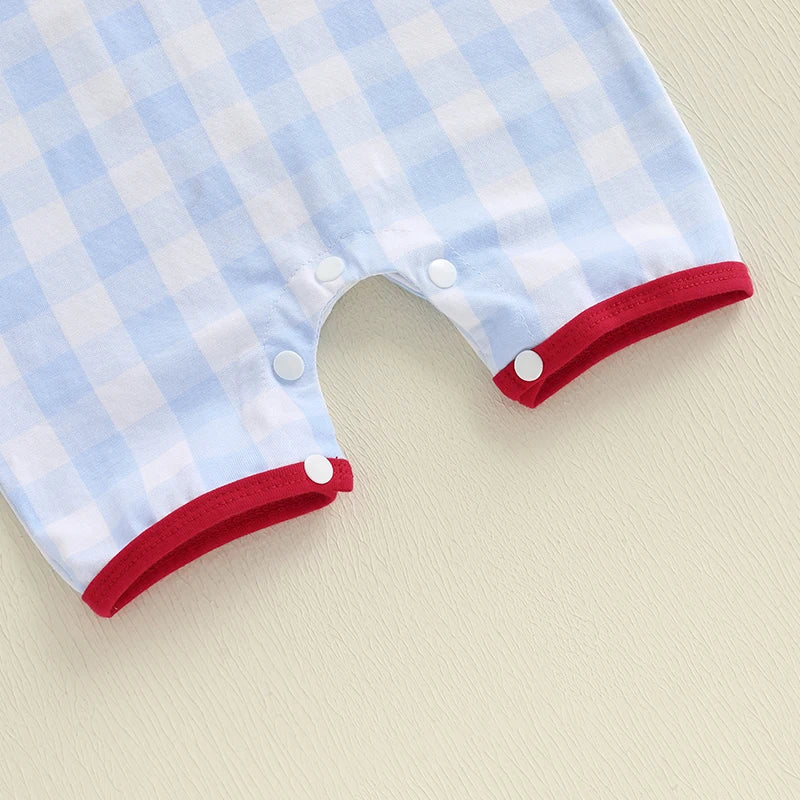 Infant Fourth of July  with Embroidered Initials Checkered Design and Short Sleeves for Patriotic Celebrations