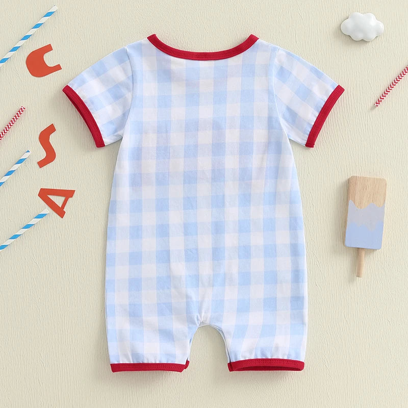 Infant Fourth of July  with Embroidered Initials Checkered Design and Short Sleeves for Patriotic Celebrations