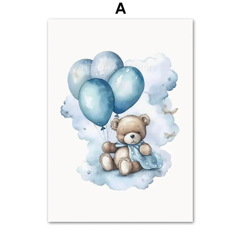 Cute Bear Hot Air Balloon Cloud Cartoon Animal Poster Nursery Set Wall Art Prints Canvas Painting Pictures Baby Kids Room Decor