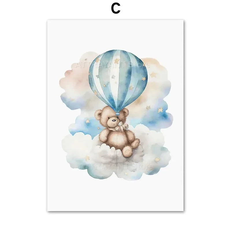Cute Bear Hot Air Balloon Cloud Cartoon Animal Poster Nursery Set Wall Art Prints Canvas Painting Pictures Baby Kids Room Decor