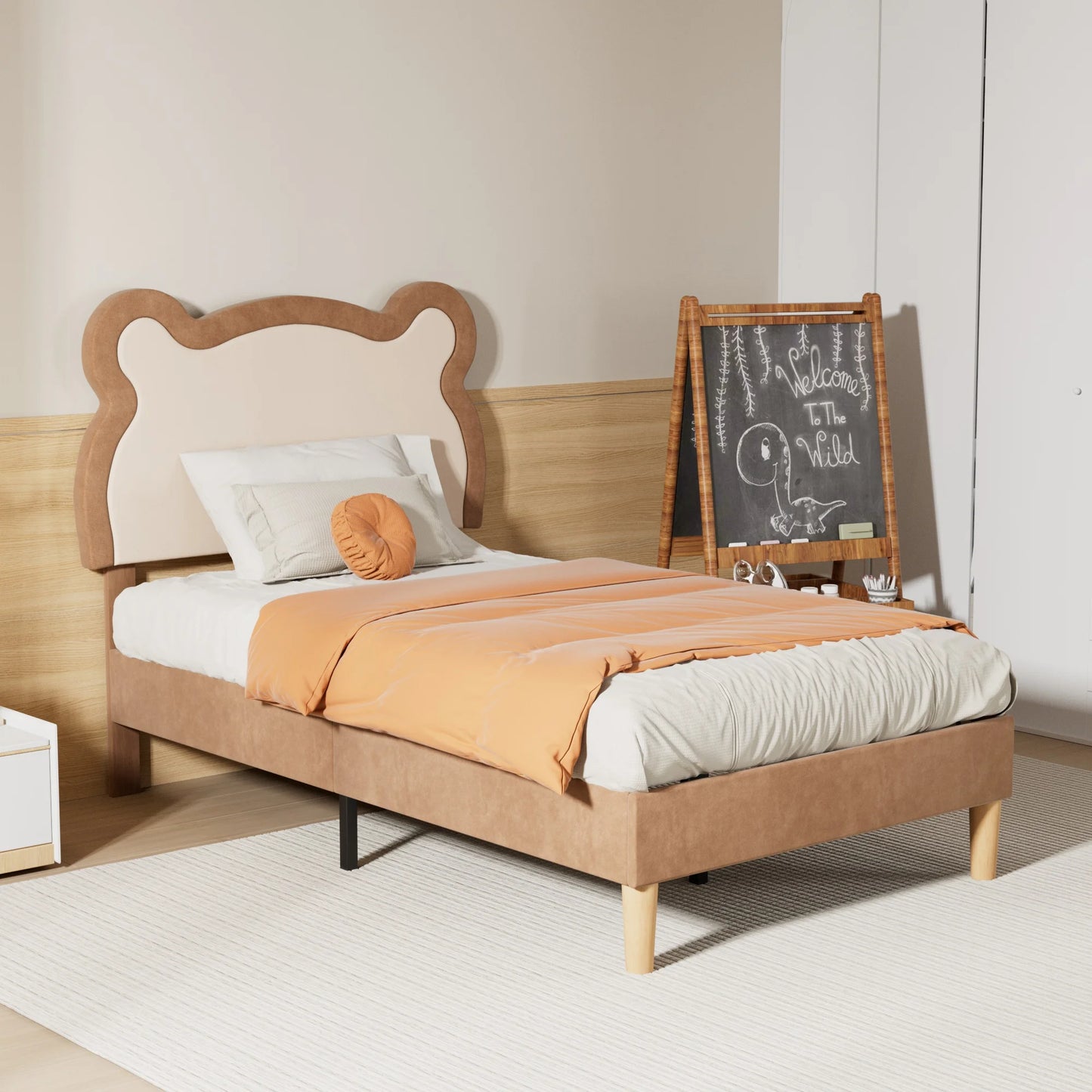 Twin Kids Upholstered Bed Frame with LED Cute Bear Ear Platform Bed