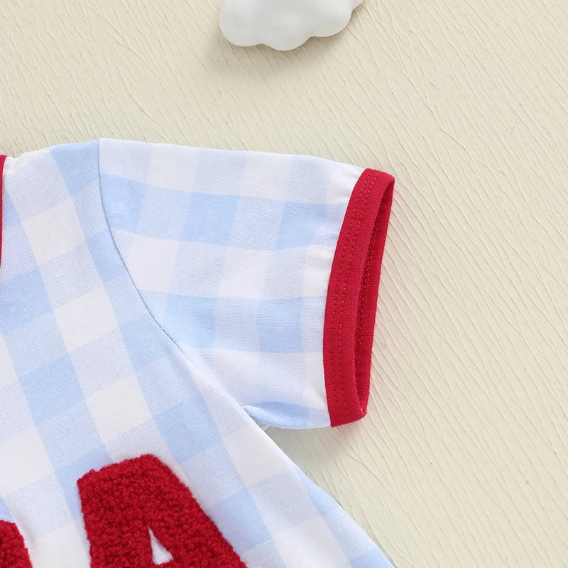Infant Fourth of July  with Embroidered Initials Checkered Design and Short Sleeves for Patriotic Celebrations