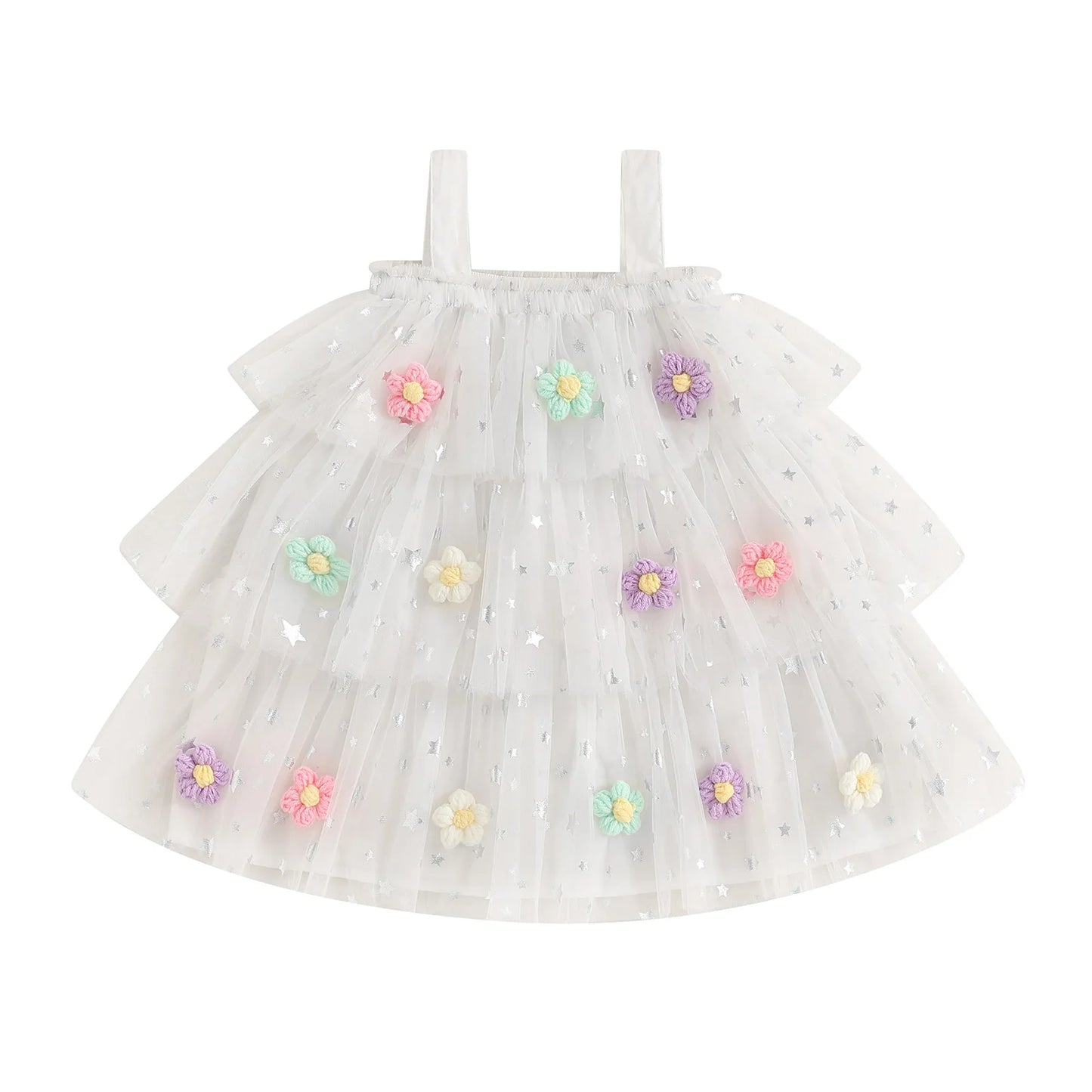 Kids Girls Dress Flower Decor Sequins Star Sleeveless Layered Casual Dress