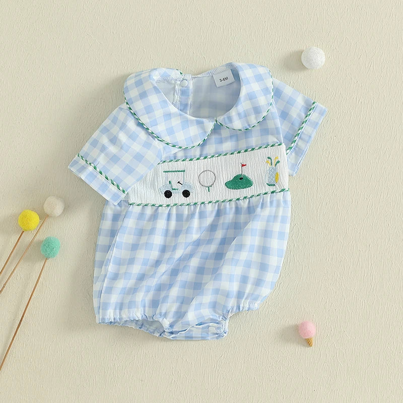 Toddler Boy Casual Romper with Cute Animal Embroidery and Short Sleeves Stylish Collar Plaid Jumpsuit for Summer Outfits