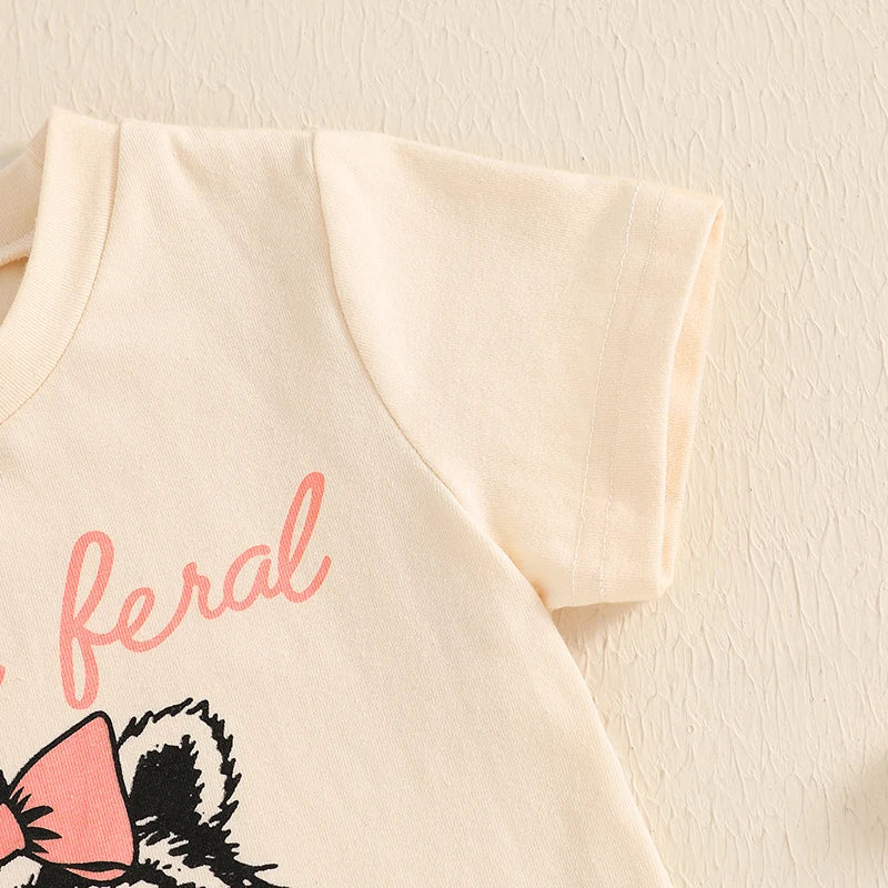 Toddler Girls Summer Outfit Raccoon Letter Print Short Sleeves