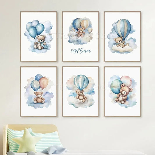 Cute Bear Hot Air Balloon Cloud Cartoon Animal Poster Nursery Set Wall Art Prints Canvas Painting Pictures Baby Kids Room Decor
