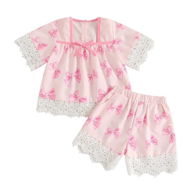 Kids Girls Shorts Set, Lace Trim Short Sleeve T-shirt with Shorts Summer Outfit