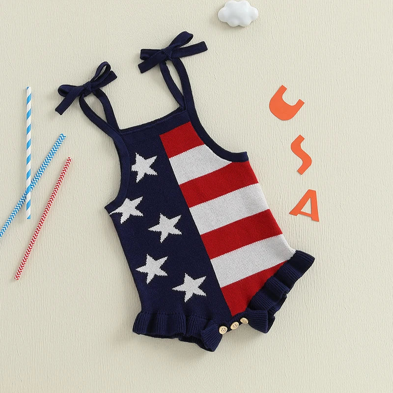 Independence Day Baby Girl Romper Red White Blue Stripe Star Print Tie Strap Square Neck Knit Jumpsuit Firework Theme Summer