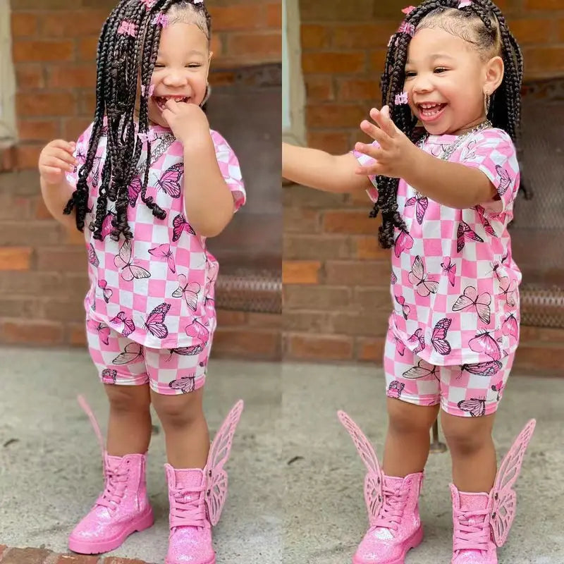2025 Summer Two Pieces Baby Clothes Kids Girls Butterfly Clothing Sets Short Sleeve Pink T Shirt+Plaid Shorts Outfit 2 to 8Years