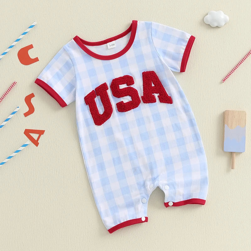 Infant Fourth of July  with Embroidered Initials Checkered Design and Short Sleeves for Patriotic Celebrations