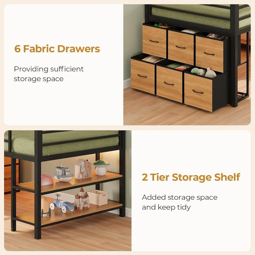 Low Loft Bed with 6 Storage Drawers, Twin Loft Bed with LED Lights
