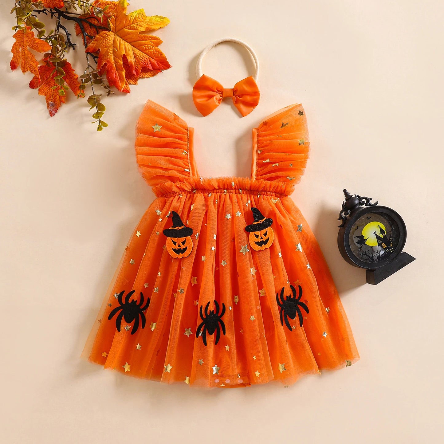 Halloween Newborn Girl Romper Dress with Headband
