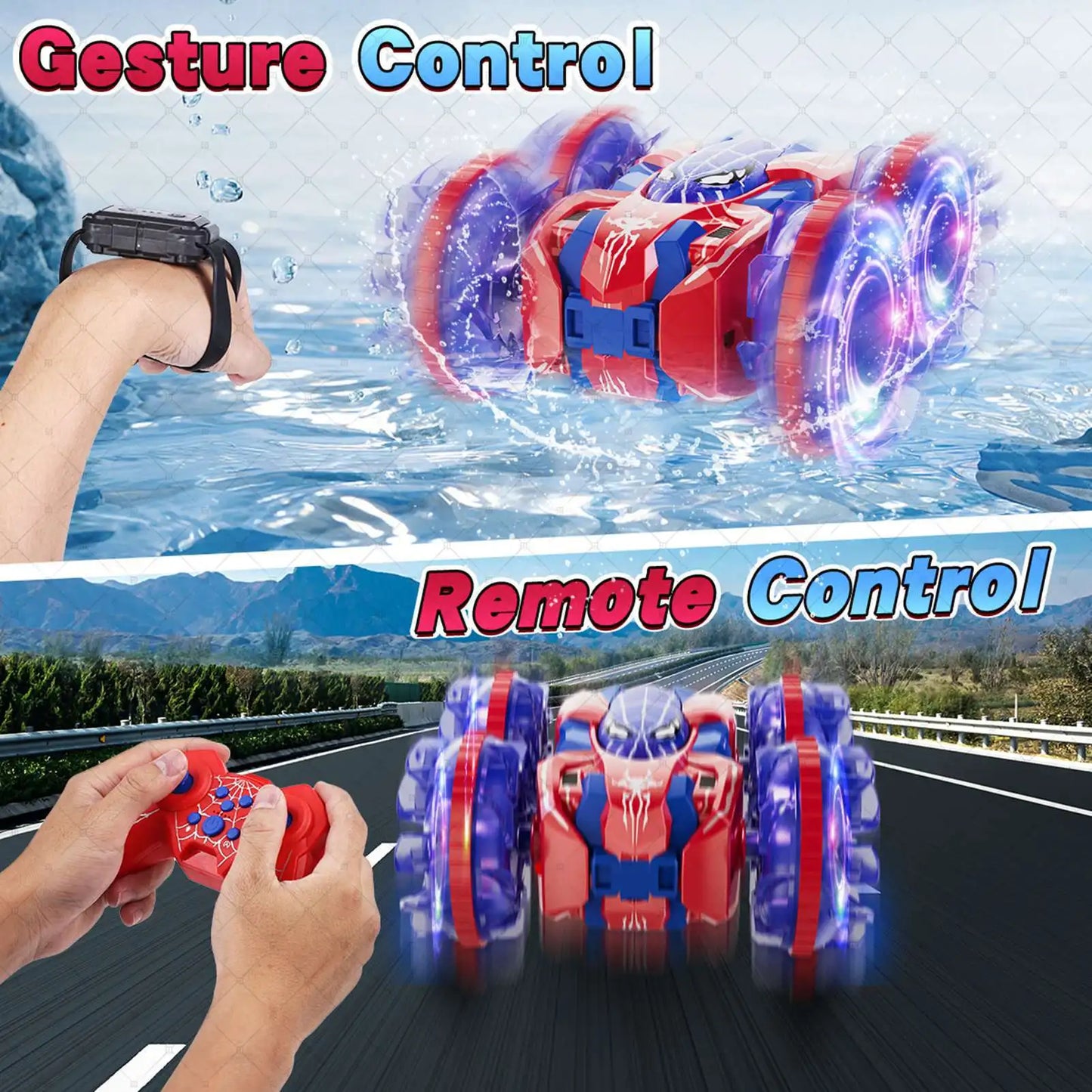 Gesture Sensing RC Stunt Car 360 Degree Rotating Amphibious Hand Gesture Remote Control Car with Lights for Kids Boys Red
