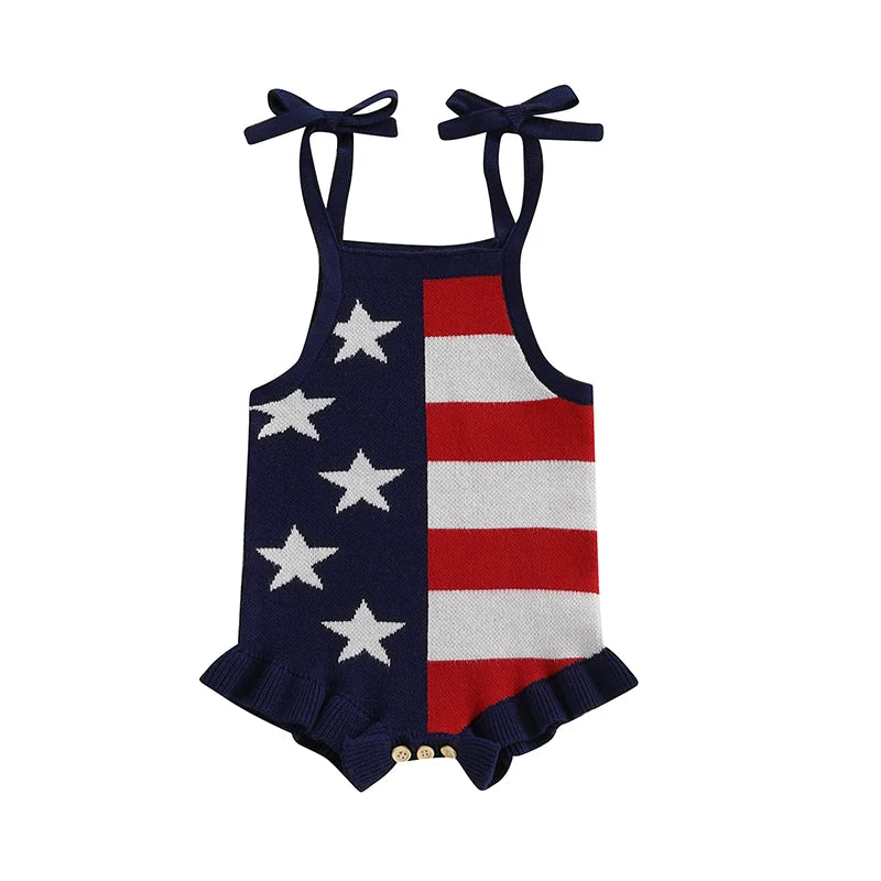 Independence Day Baby Girl Romper Red White Blue Stripe Star Print Tie Strap Square Neck Knit Jumpsuit Firework Theme Summer