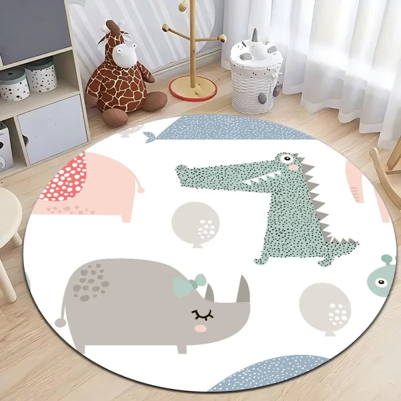 Cute Dinosaur Cartoon Round Rug, Soft Chenille Non-Slip Floor Mat for Kids Room