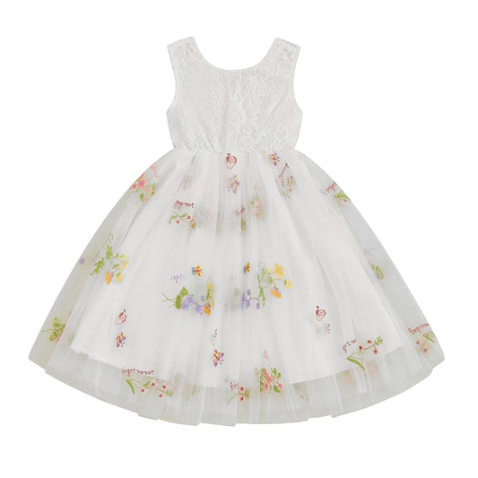 Kids Girl Sleeveless Round Neck Floral Embroidery Dress