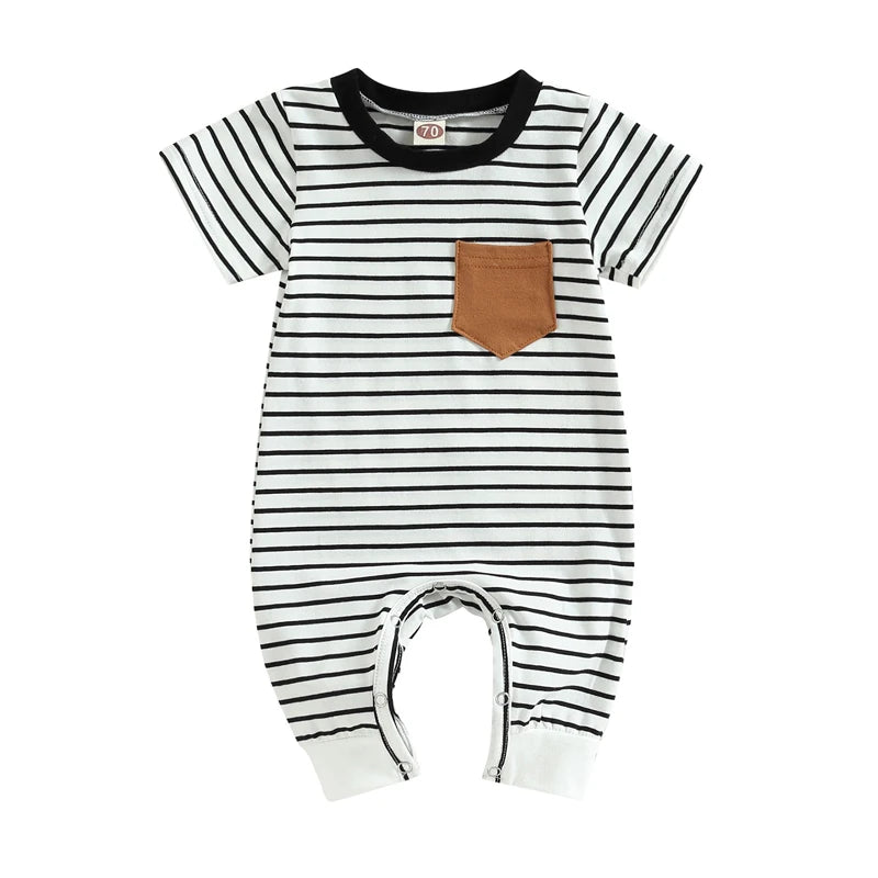 2023-02-22 Lioraitiin 0-18M Newborn Baby Boys Summer Jumpsuit Round Neck Contrast Color Short Sleeve Striped Romper