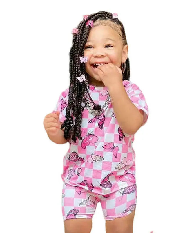 2025 Summer Two Pieces Baby Clothes Kids Girls Butterfly Clothing Sets Short Sleeve Pink T Shirt+Plaid Shorts Outfit 2 to 8Years